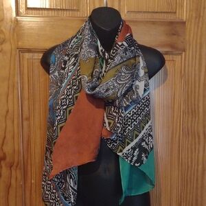 Cynthia Rowley Multicolor Paisley & Geometric Scarf - Orange, Teal, Olive